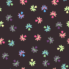 Baby floral patterns. Seamless floral pattern on a dark background. Hearts and leaves of different colors. Decor elements.