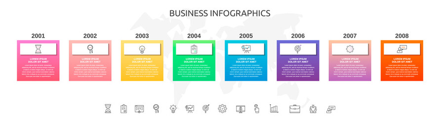 Vector Infographic rectangles with eight steps. Square template can be used for diagram, web, banner, workflow layout, flowchart, info graph, timeline, content, chart, processes diagram.