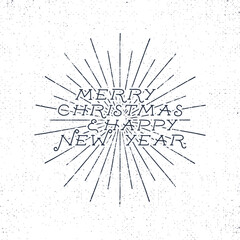 Merry Christmas and Happy New Year lettering, holiday wish, saying and vintage label. Season's greetings calligraphy. Seasonal typography design. design. Letters composition with sun bursts.