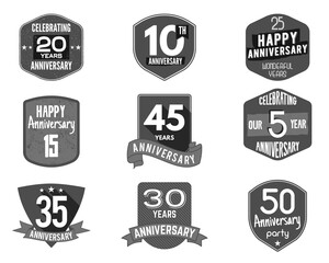 Anniversary badges, signs and emblems collection in different style - retro design, flat. Easy to edit use your number, text. illustration isolate on white background. Monochrome