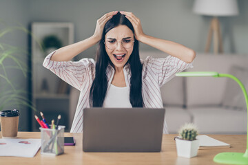 Photo portrait of panicking woman screaming at laptop holding head with two hands indoors