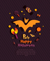 Happy Halloween Banner Party Invitation.Bright Greeting Card.Funny Bats,Flittermouse with Candies,Sweets,Lollipops. Text Handwritten Calligraphy. Halloween Celebration Poster. Flat Vector Illustration