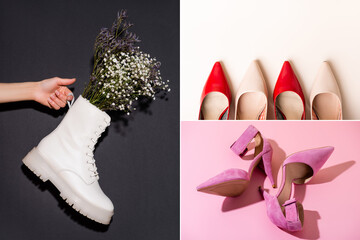 collage of elegant shoes and woman holding white boot with wildflowers