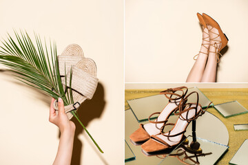 collage of female legs in brown shoes and sandals on beige background