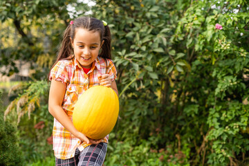 Fototapeta premium Playing outdoors cute little girl holding a pumpkin