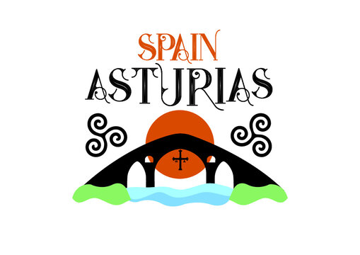 Old roman bridge in Gangas de Onis, Asturias, at the north of Spain. Vector Ilustration