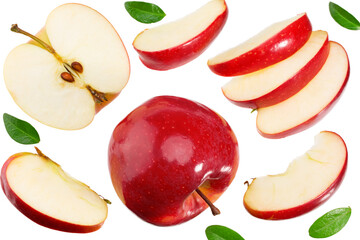 red apples with slices and green leaves isolated on a white background. top view