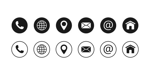 Web contact and communication icon. Call us, location, internet, mail and home icons. Linear and round.