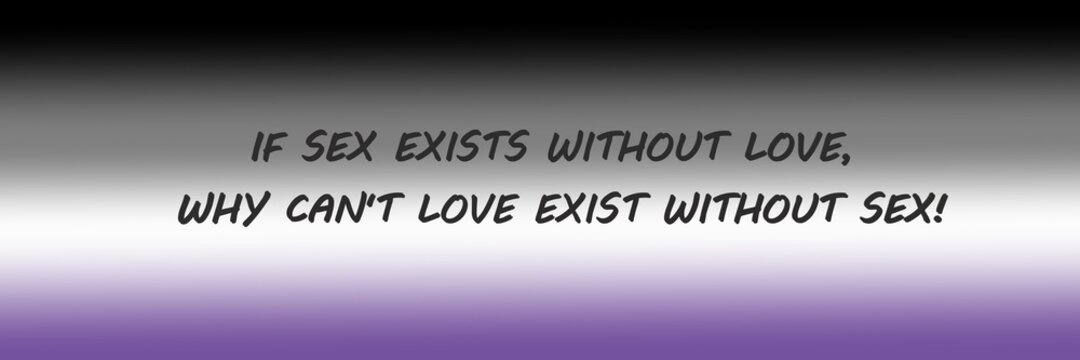 IF SEX EXISTS WITHOUT LOVE, WHY CAN'T LOVE EXIST WITHOUT SEX. Banner Pride Parade. Asexual Flag. Symbol or emblem of asexual people, man and woman