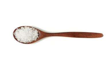 large crystals of white sea salt in a brown wooden spoon