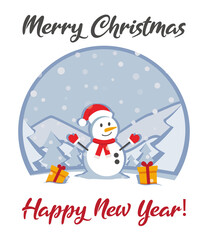Merry christmas and Happy new year vector greeting card 2021, snowman with gifts, winter landscape