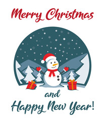 Merry christmas and Happy new year vector greeting card 2021, snowman with gifts, winter landscape