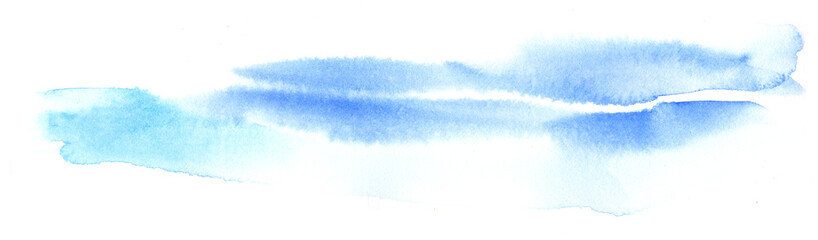 Abstract watercolor background. Blur paint stain of gentle blue color with different intensity on white backdrop. Hand drawn element of shining daylight sky