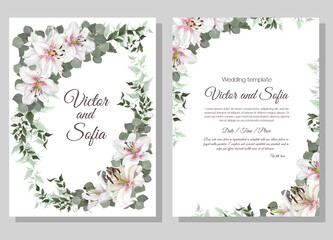 Fototapeta na wymiar Floral design for wedding invitation. Vector template for your text. White king lilies, polygonal gold frame, green plants and leaves.