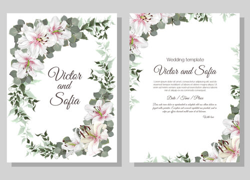 Floral design for wedding invitation. Vector template for your text. White king lilies, polygonal gold frame, green plants and leaves.
