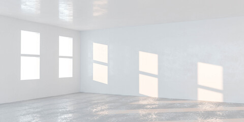 Empty room with concrete floor and diagonal shadows cast from sun light 3d render illustration