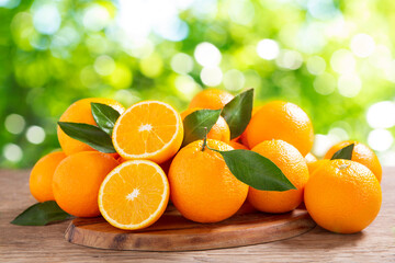 fresh orange fruits with leaves over blurred green background