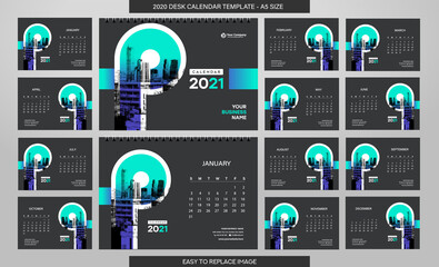 Desk Calendar 2021 template - 12 months included - A5 Size