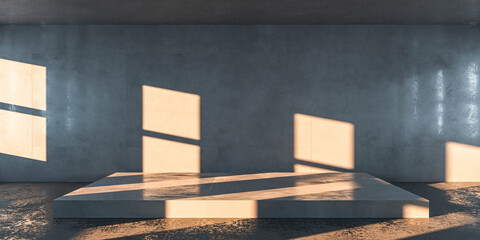 Empty concrete room with concrete floor and diagonal shadows cast from evening sun dawn light 3d render illustration