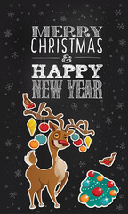 Merry Christmas blackboard style poster with cute cartoon character.