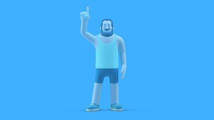 Man points up shows up finger standing on white background 3D illustration