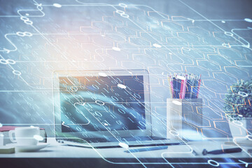 Double exposure of desktop with personal computer on background and tech theme drawing. Concept of data analysis.