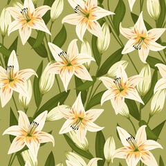 Vintage flowers and leaves. A bouquet of lilies. Seamless patterns. Pastel colors. Isolated vector illustrations.