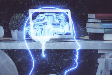 Double exposure of desktop computer and human brain drawing hologram. Ai concept.