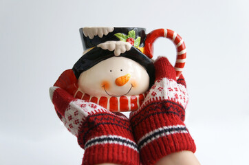 snowman Cup holding hands in red Christmas gloves