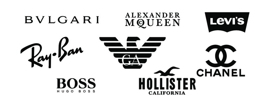 Top 8 logos of popular brands. Logo BVLGARI, Alexander Mcqueen, Giorgio  Armani, Ray Ban, Hugo Boss, Hollister California, Chanel, Levis. Vector  illustration Stock Vector | Adobe Stock