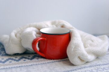 Red mug phone , scarf new year Christmas mood
