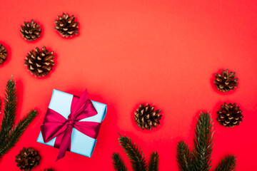 top view of cones, spruce branches and gift box on red background