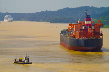 Modern Princess cruiseship or cruise ship liner on Chagres river during Panama Canal transit with...