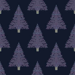 Christmas fir trees in a seamless pattern, modern hand draw design. Winter forest background. Can be used for printed new year materials - leaflets, posters, business cards or for web