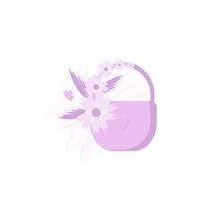 The wedding castle is decorated with flowers and leaves. Lilac color. Isolated element on white background. For decoration of holiday cards or congratulations.

