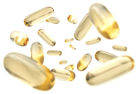 Yellow capsules levitate on a white background