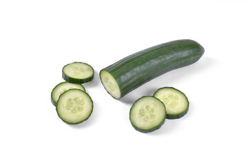Fresh green cucumber sliced on white background