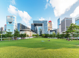 Public park and skyline in downtown district of Hong Kong city