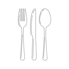 Cutlery line art icon set isolated on white background. Top view lineart silverware - fork knife spoon. Vector flat design outline style food, restaurant logo illustration. 