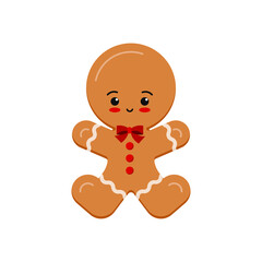 Gingerbread man christmas cookie icon isolated on white background. Cute xmas ginger bread vector flat design illustration. Cartoon style biscuit dessert with decotarion - happy holiday winter treat.