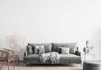 Luxury gray living room design, empty wall mockup, 3d render