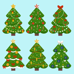 Vector set of six Christmas decorated trees. Flat vector cartoon illustration.