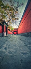 red walls and hallway in Forbidden Palace, in a sunny autumn day