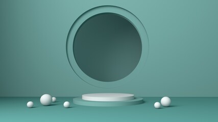 Minimal scene with podium and abstract background. Pastel Green and white colors scene. Trendy 3d render for social media banners, promotion, cosmetic product show. Geometric shapes interior.