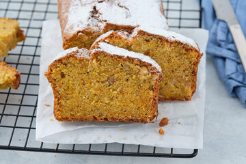 Pumpkin bread cake with pumpkin spice and nuts for autumn fall dinner.