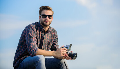 Good Photograph. macho man with camera. capture adventure. journalist. sexy man touristic reporter....