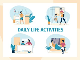 Mother son daily life family activity at home set. Loving mom adorable son pastime. Woman cooking breakfast feeding child, teaching, reading book fairytale to kid in evening. Happy parenting