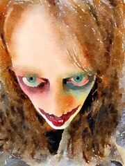 Halloween watercolor painting of a possessed woman's face with evil stare. Creepy makeup and hair. Viewed from above. Copy space.