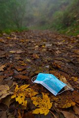 Blue surgical mask thrown into the natural environment