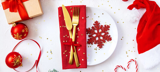 Christmas background table setting and decor. Selective focus.